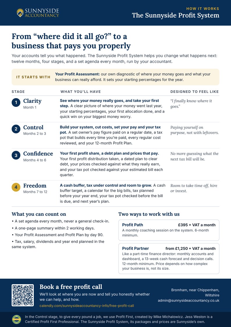 Preview of the one-page Sunnyside Profit System map: the four stages, what you'll have at each, and both packages